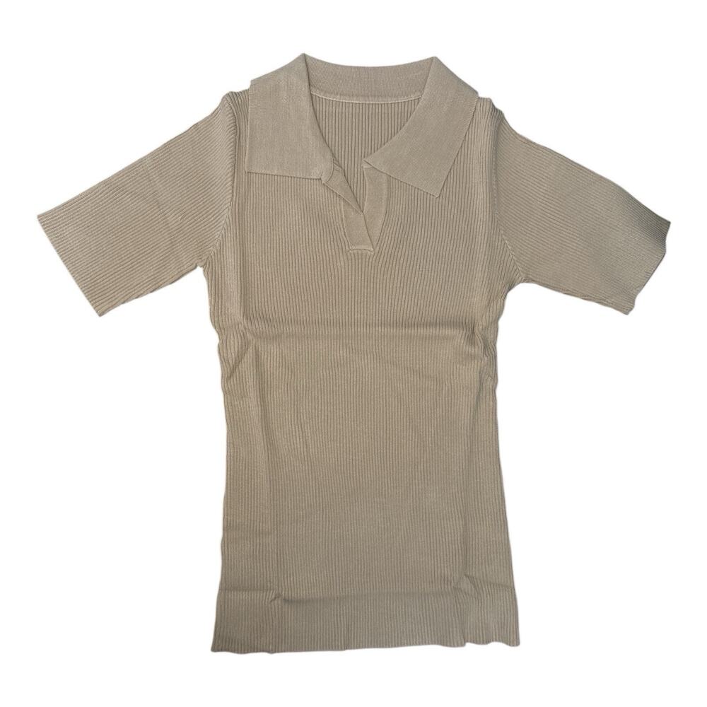 Womens Size Large Tan Short Sleeve Collared Stretch T shirt Top, NWT, Ribbed